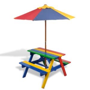 Masă de picnic pentru copii cu bănci & umbrelă, lemn multicolor