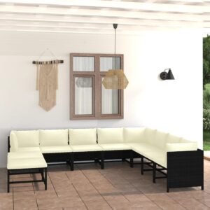 Set mobilier de grădină cu perne, 9 piese, negru, poliratan