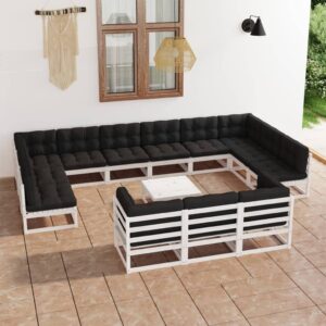 Set mobilier grădină cu perne, 14 piese, alb, lemn masiv de pin