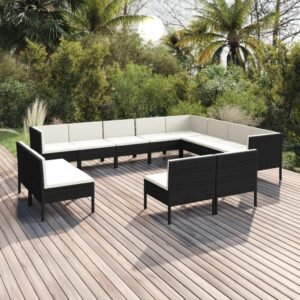 Set mobilier de grădină cu perne, 12 piese, negru, poliratan