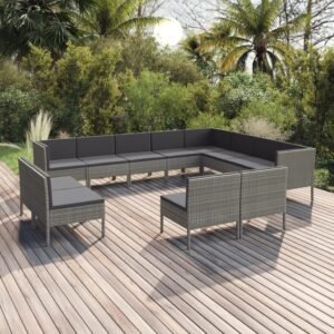 Set mobilier de grădină cu perne, 12 piese, gri, poliratan