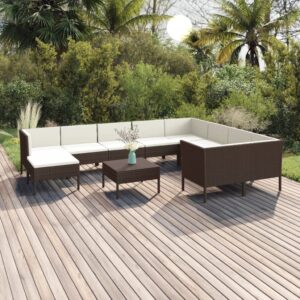 Set mobilier de grădină cu perne, 11 piese, maro, poliratan