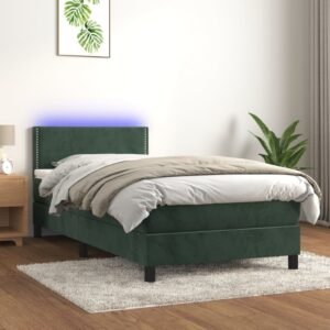 Pat continental cu saltea și LED verde închis 80x200 cm catifea