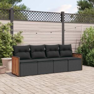 Set mobilier de grădină cu perne, 4 piese, negru, poliratan