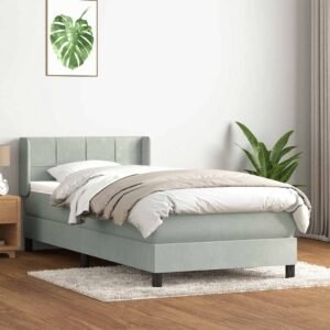 Pat box spring cu saltea, gri deschis, 90x220 cm, catifea