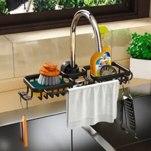 Raft organizator dublu, universal pentru bucatarie sau baie, montaj pe robinet, material otel, culoare Neagra